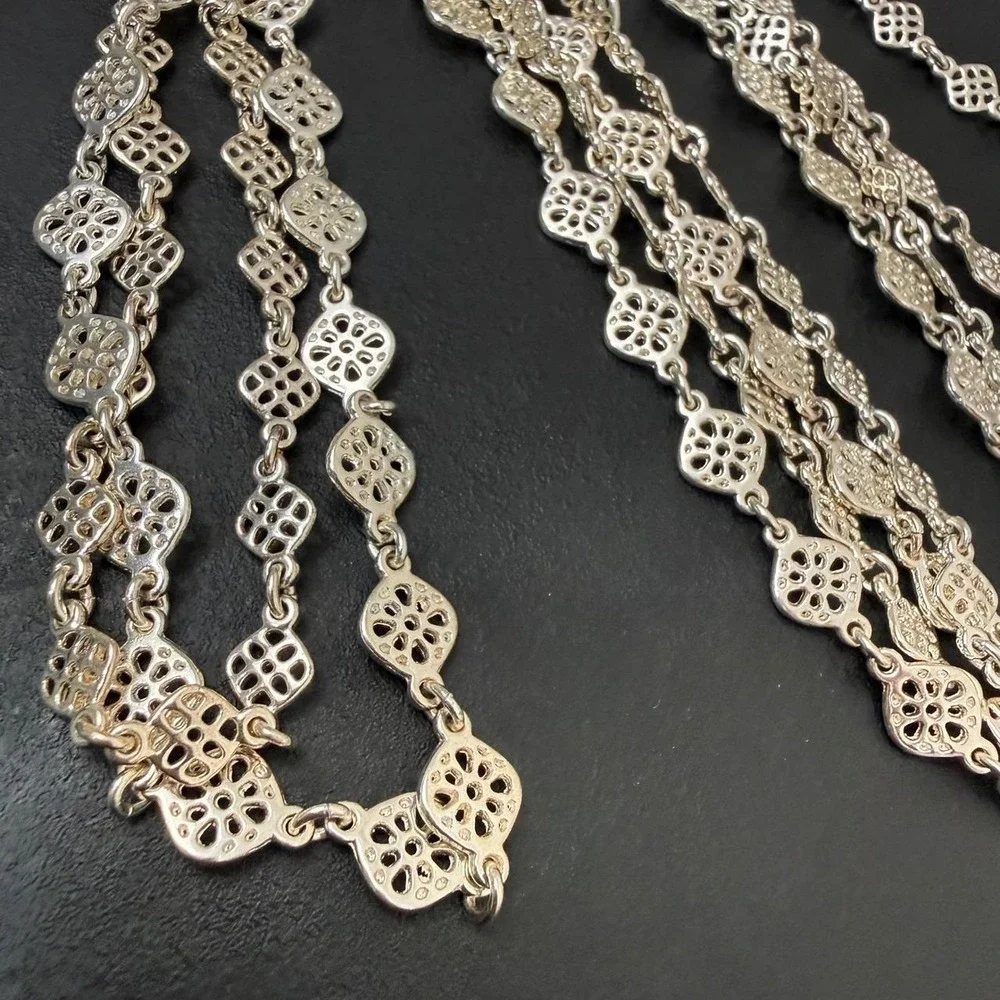Stella & Dot Silver Tone Necklace Filigree Floral Openwork Long Layering Strand